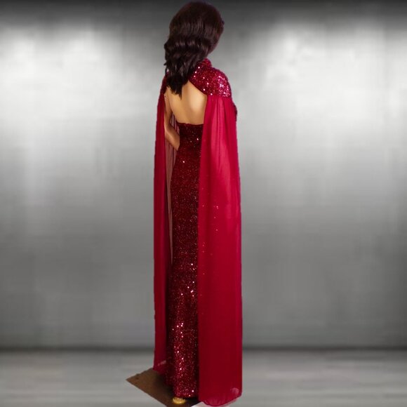 GIFFNISETI size M burgundy sequined 2-piece evening ensemble long gown + shrug - Picture 6 of 16